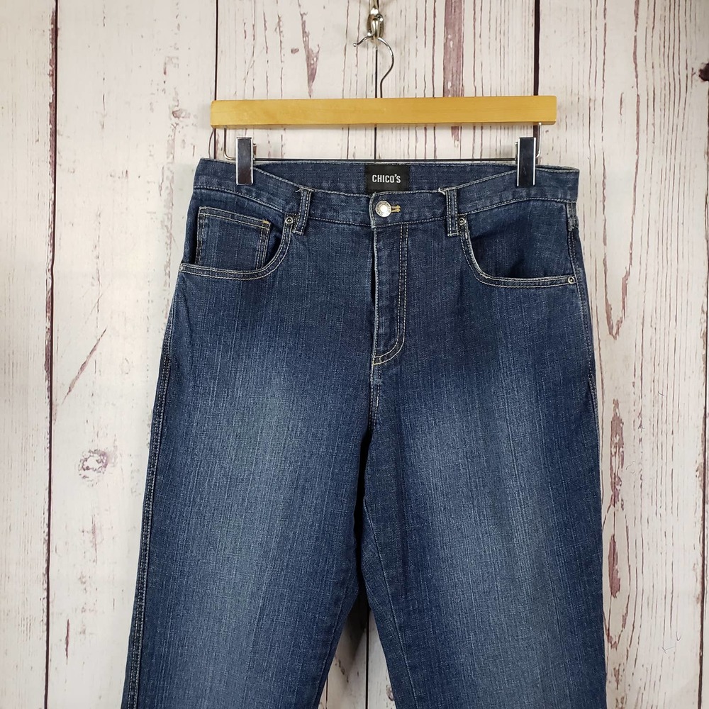 Chicos Bootcut Denim Jeans Womens Size 1.5 10 Medium Dark Wash Stretch Blue